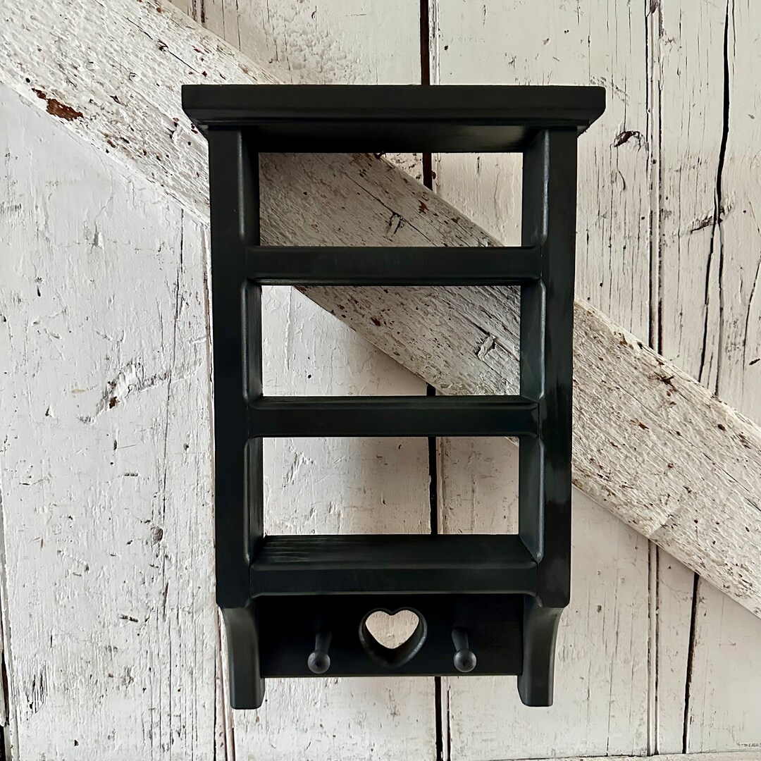 Wooden Wall Shelf Dark Gray With Hooks Vintage Heart Shelf Etsy