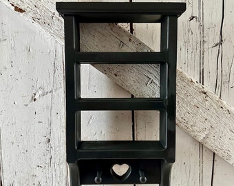 Wooden Wall shelf Dark Gray with hooks vintage Heart shelf