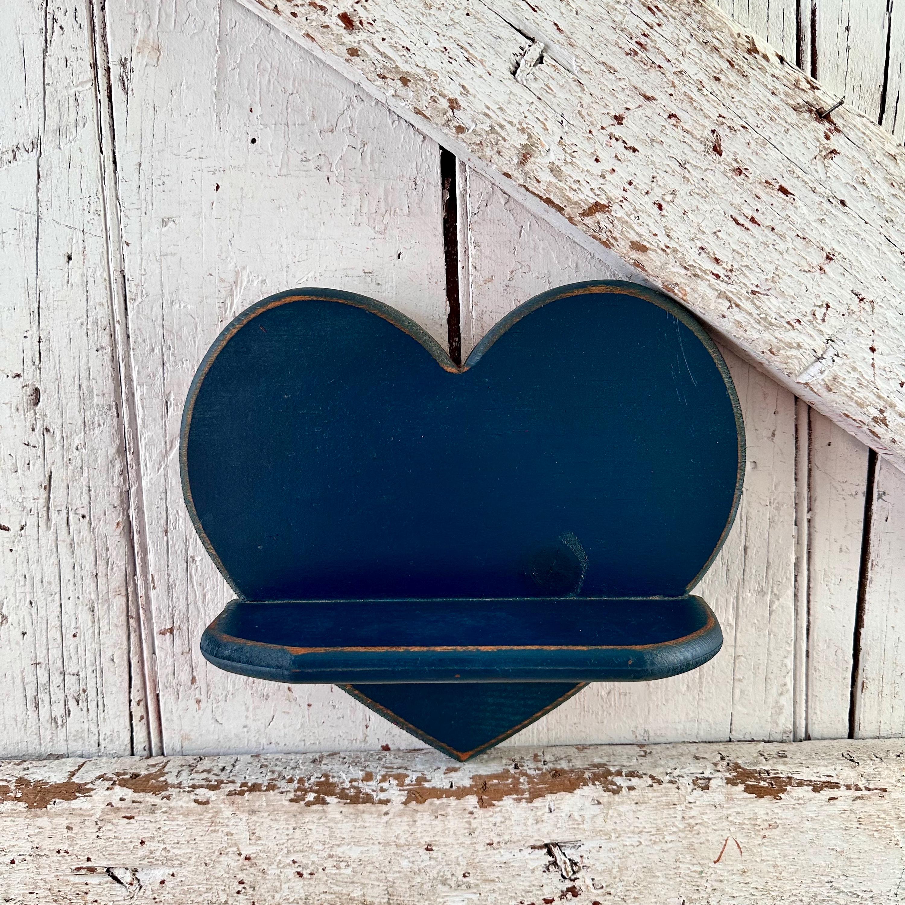 木製棚、ハート型、ブルー、カントリーヴィンテージ、ウォールシェルフ
