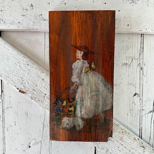 Oil painting on wood Girl flowers Dog vintage Hand painted wall art
