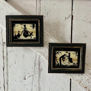 Silhouette Framed Black Gold on glass black gold frame set of two vintage reverse glass
