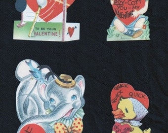 Vintage Valentine cards lot of four various themes, girl, elephant, dog, duck, use as Valentines decoration, ornament