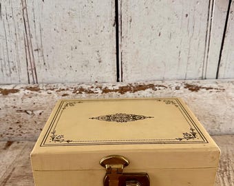 Vintage Cream Jewelry Box with Gold Tooled Edge, 1960s Small Chest
