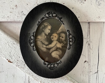 Antique Frame Oval wood ornate gesso Madonna with Children Print Vintage