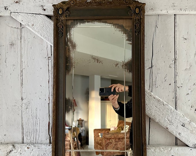 Antique Beveled Mirror Oblong Ornate Wooden Gray Gold Worn Mirror 24 X