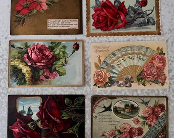 Lote de 6 postales antiguas con motivos florales, principios del siglo XX, firmadas.