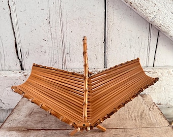 美品 FOLDING BAMBOO MINI Bamboo Folding Basket Vintage Small Size Boho Fruit Basket