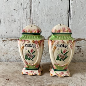 Antique Sugar and Flour shakers Ceramic Hand Painted vintage