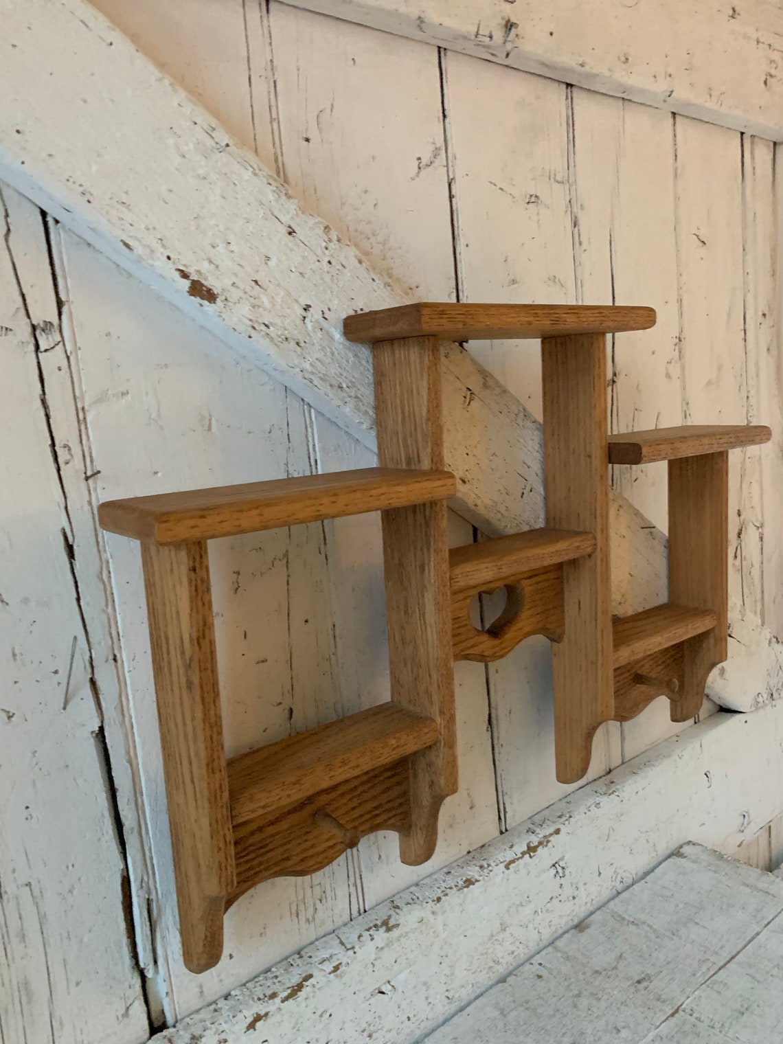 Wood Wall Shelf With Cubbies Vintage Curio Shelf With Hooks Etsy