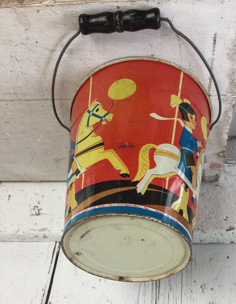 Sand Pail Childs beach bucket metal pail vintage circus theme Metal pail