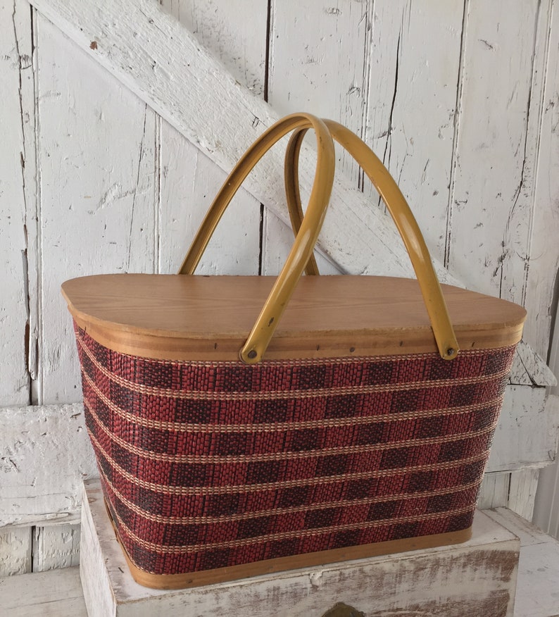Picnic basket wicker vintage with metal handles tweed pattern Etsy
