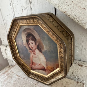 large tin box octagon shape double sided boy girl Victorian with vintage sewing supplies image 3