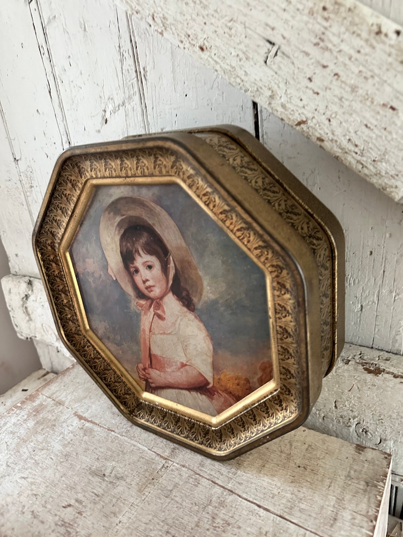 large tin box octagon shape double sided boy girl Victorian with vintage sewing supplies image 3