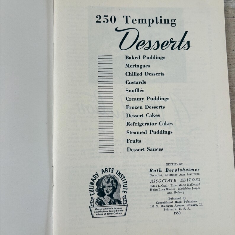 May include: Open book page with the title "250 Tempting Desserts" in elegant script. The page lists dessert categories like "Baked Puddings" and "Dessert Cakes." A Culinary Arts Institute logo and editor information are also visible.