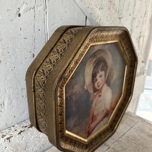 large tin box octagon shape double sided boy girl Victorian with vintage sewing supplies image 4