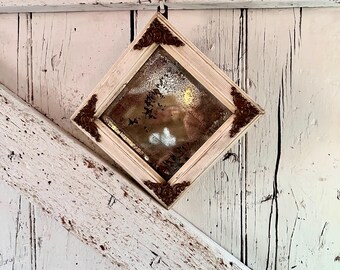Antique Mirror Beveled with Foxing Wood white frame Ornate gold corners 7x7 Mirror