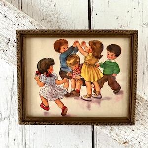 Nursery Wall Decor 1950s Framed Children Playing in wooden frame vintage nursery