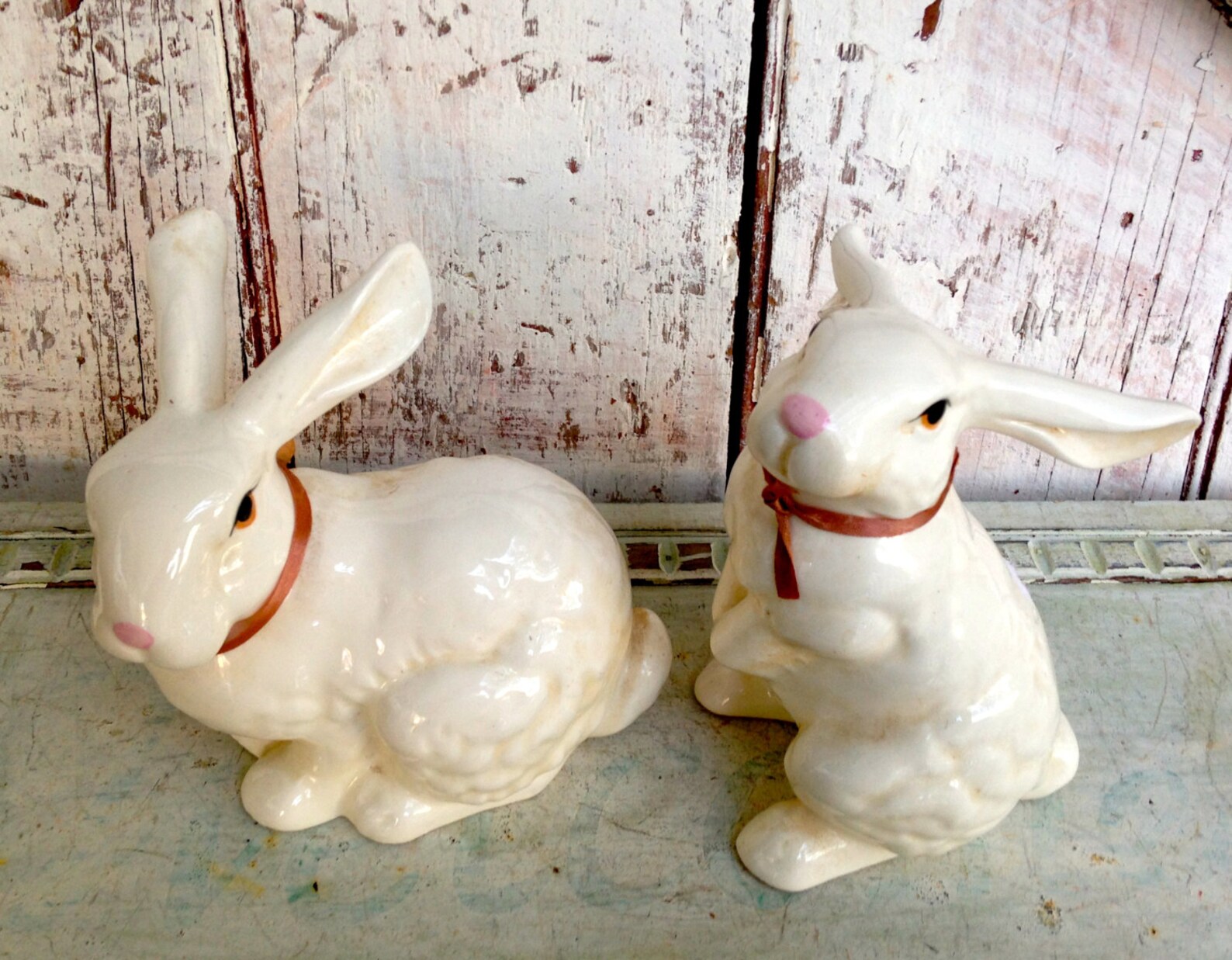 Vintage bunny Rabbits white ceramic pottery ornament Etsy