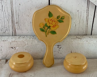 Juego de tocador Juego de tocador Celuloide vintage Receptor de pelo, plato para polvos
