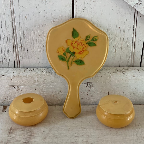 Vanity Set Dresser Set Celluloid vintage Hair receiver, powder dish