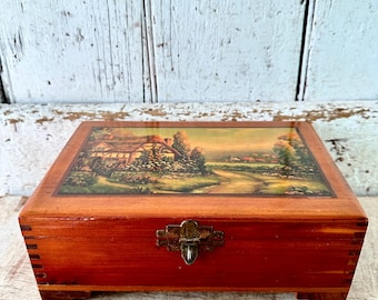 Vintage Cedar Chest: Small Dresser Top Box, Thatch Cottage Scene
