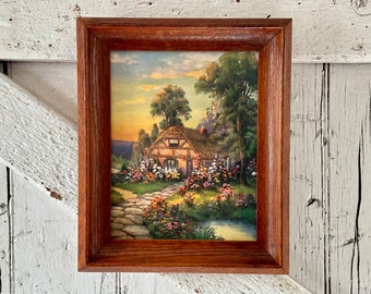 Framed print of English Cottage Gardens in vintage wood frame 8 x 10 inch frame