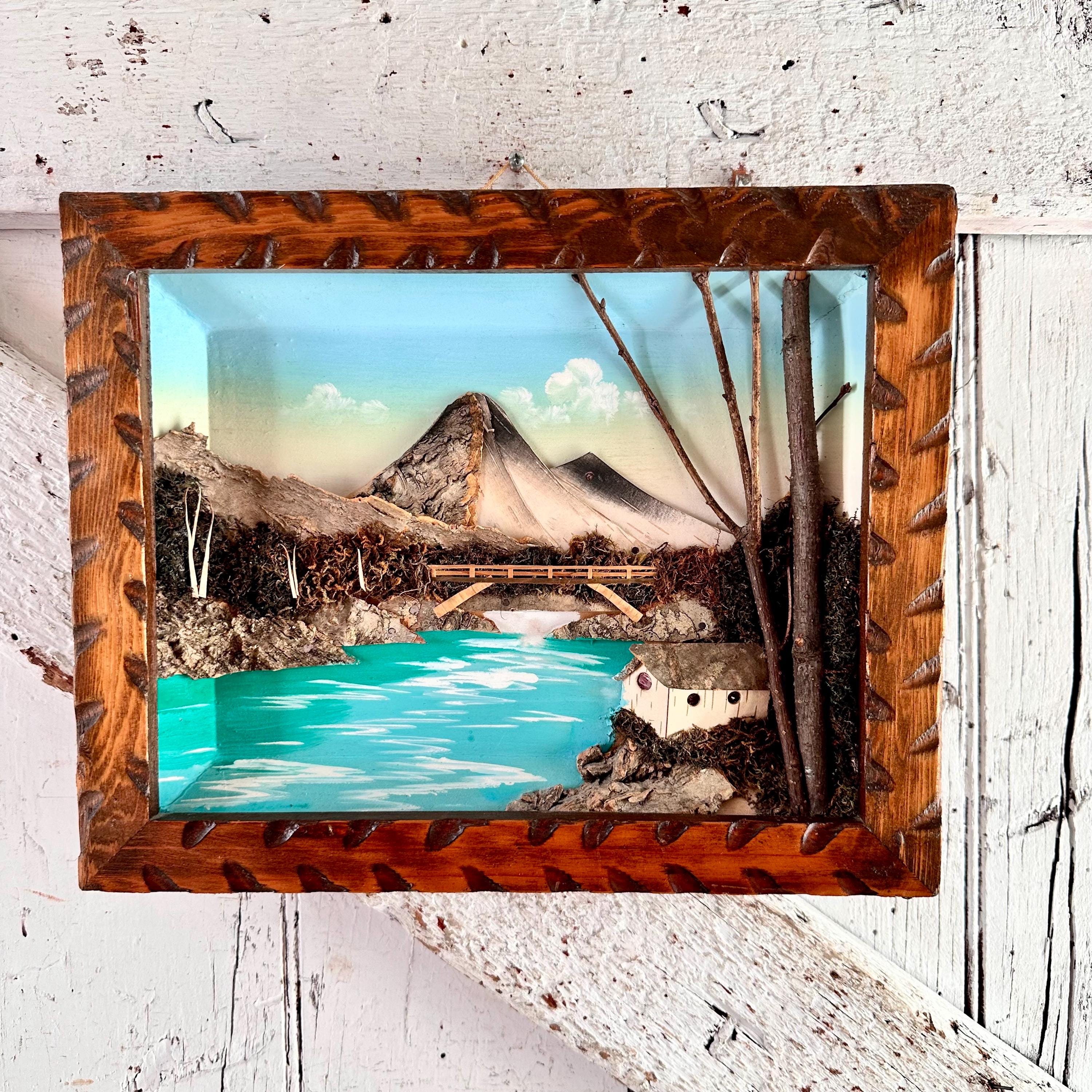 Japanese Bark Moss 3D Framed Wall Art Diorama Vintage Mid Century