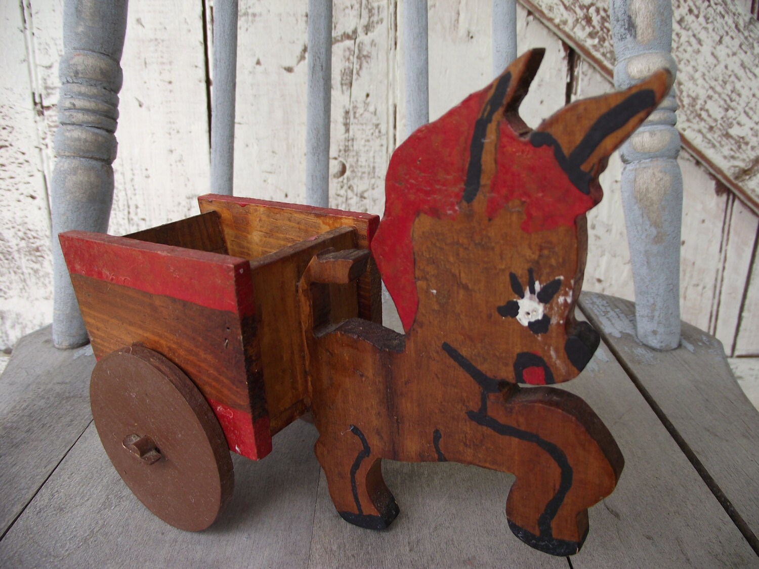 Wooden Donkey With Cart Vintage Planter Child S Toy