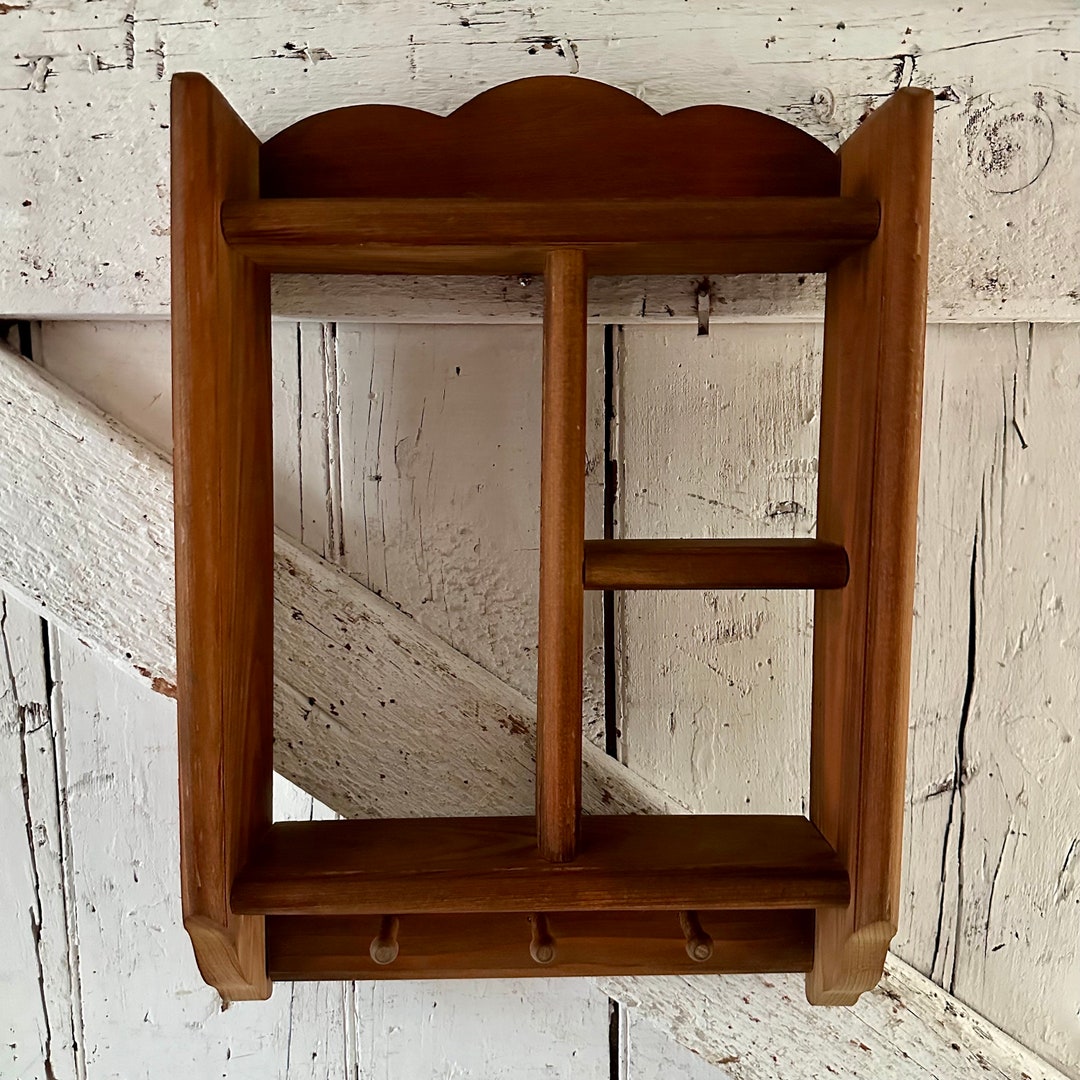 Wood Wall Shelf With Cubbies Hooks Vintage Curio Shelf to Display Knic