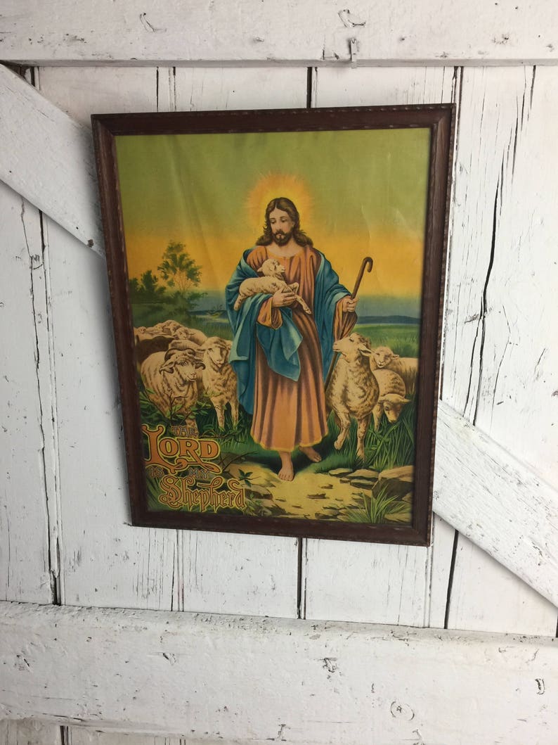 Lord Is My Shepherd Print In Wooden Frame Vintage Scalloped Image 0
