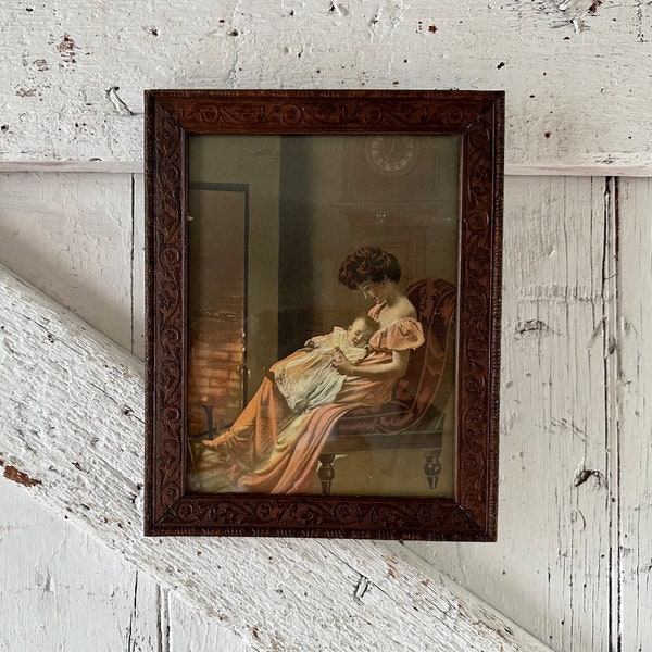 Antique Wood Frame Lithograph Mother and baby wall hanging vintage