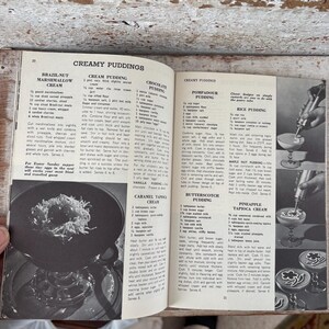 May include: An open cookbook page featuring recipes for creamy puddings. The page includes recipes for Brazil-Nut Marshmallow Cream, Cream Pudding, Chocolate Pudding, Pompadour Pudding, Rice Pudding, Maple Nut Pudding, Pineapple Tapioca Cream, Caramel Tapioca Cream, and Butterscotch Pudding.