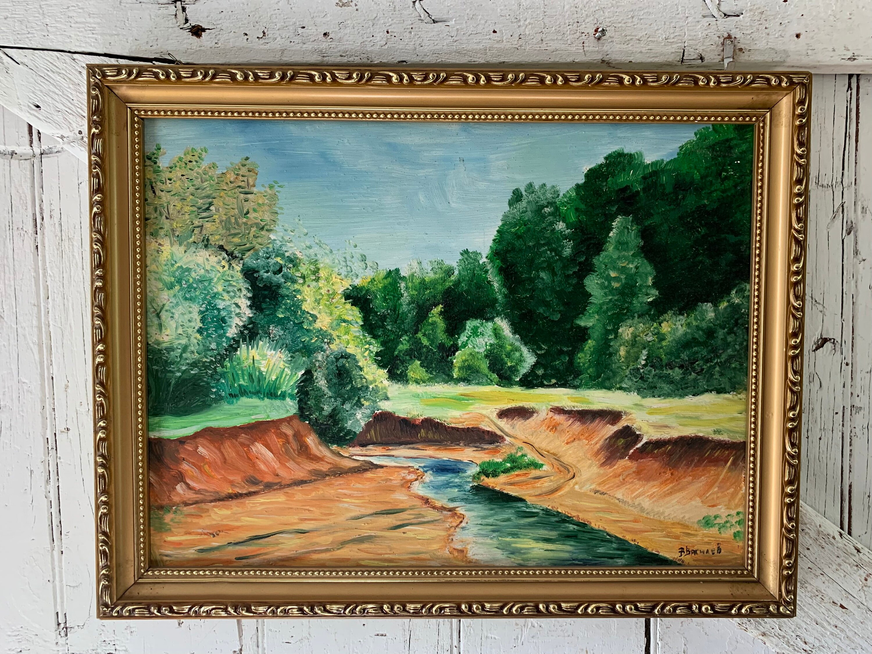 Oil Painting Nature Scene Trees Stream Gold Wood Frame Amateur photo