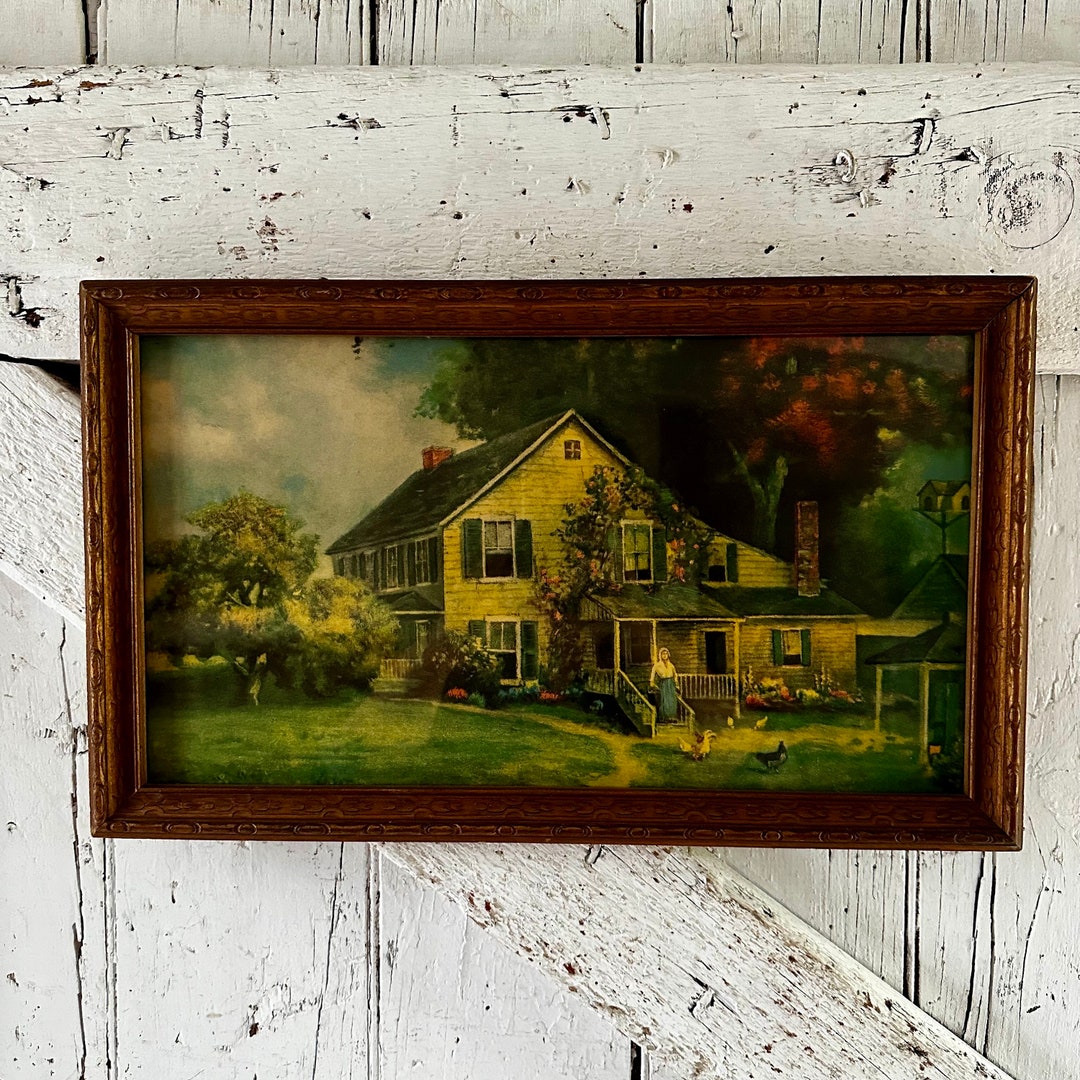 Country Cottage Scene Gold Frame Tree Vintage Cottage Decor Wall Art - Etsy