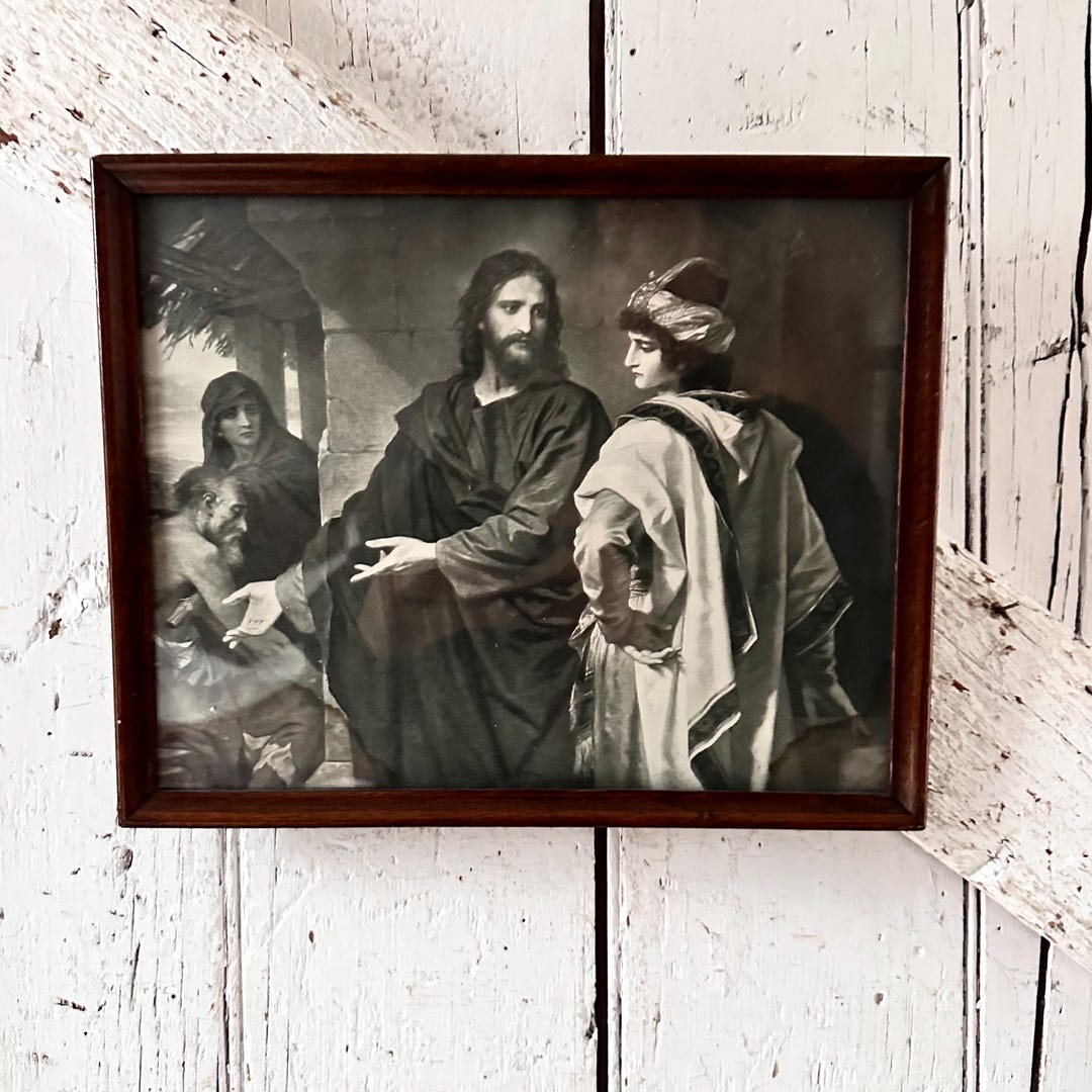 Young Rular Black White Print Christ and the Rich Young Ruler in Vintage Wood Frame ...