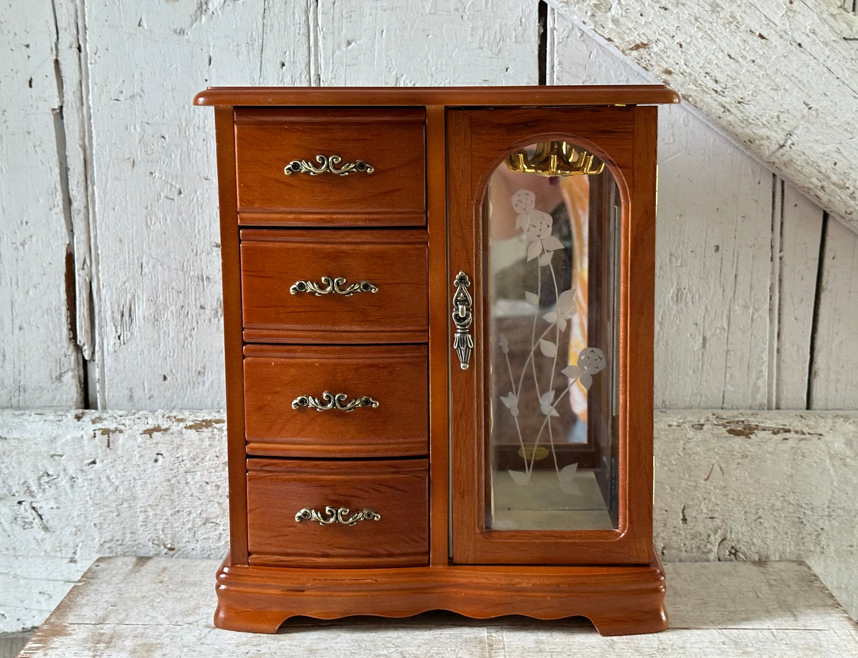 Wood Jewelry Chest Four Drawers Doors With Necklace Hanger and