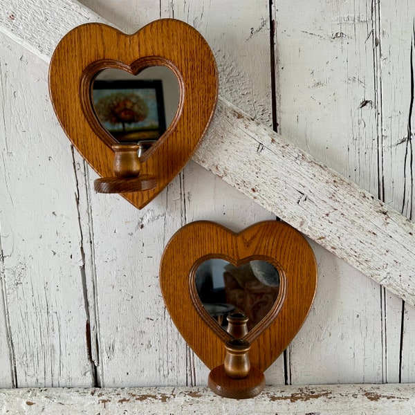 Mirror Heart Shape Wall Sconce Oak Wood Pair Set of Two Vintage Wall Candle Holder
