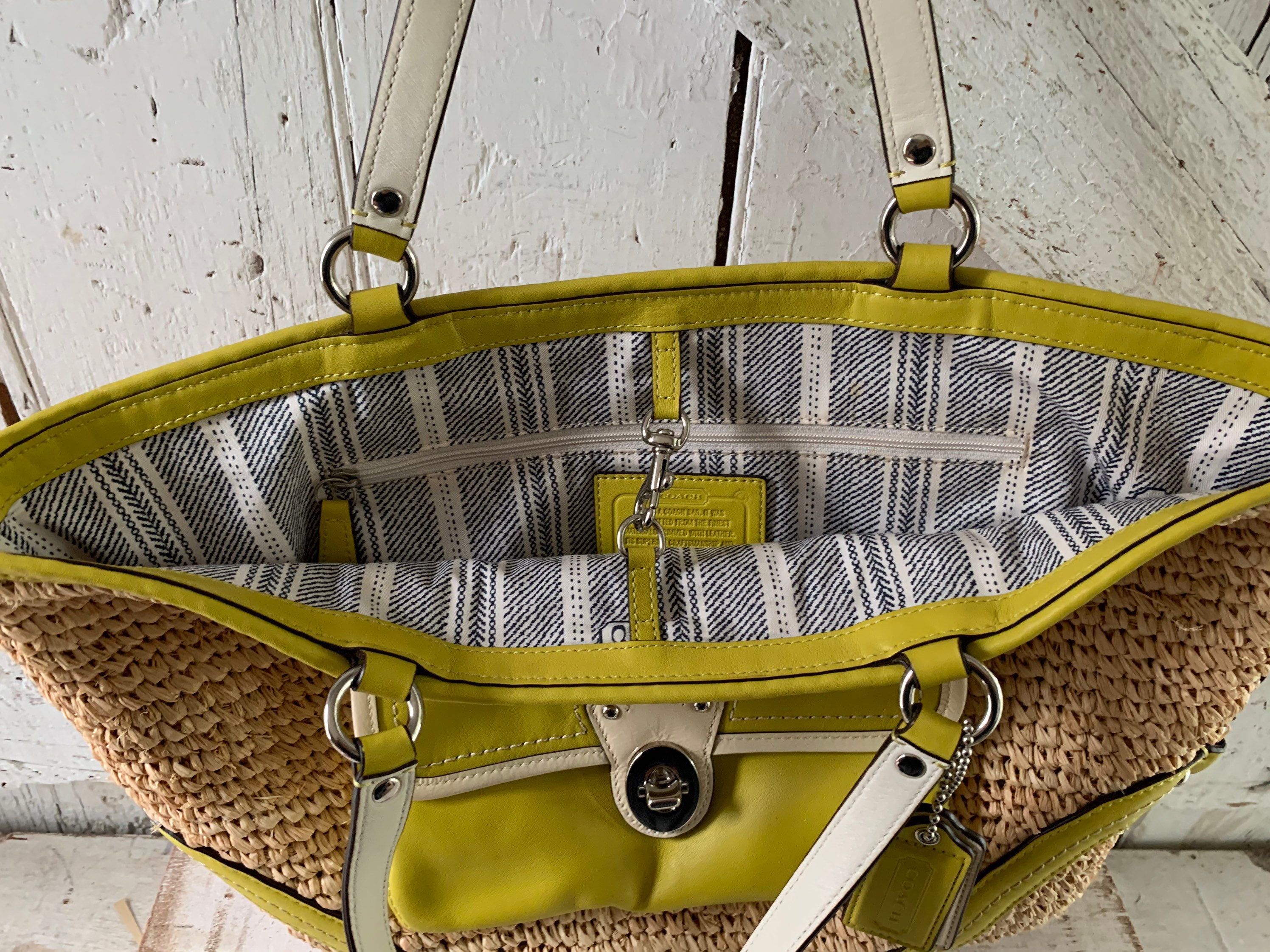 Vintage Coach Bag Lime Green Straw Tote Shoulder Bag Silver 