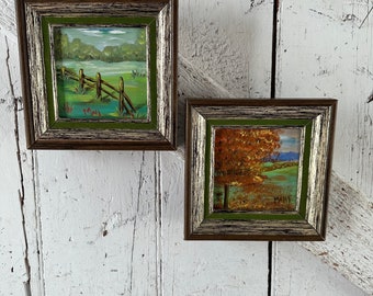 Small framed original oil painting autumn tree and meadow with brook set of two paintings vintage