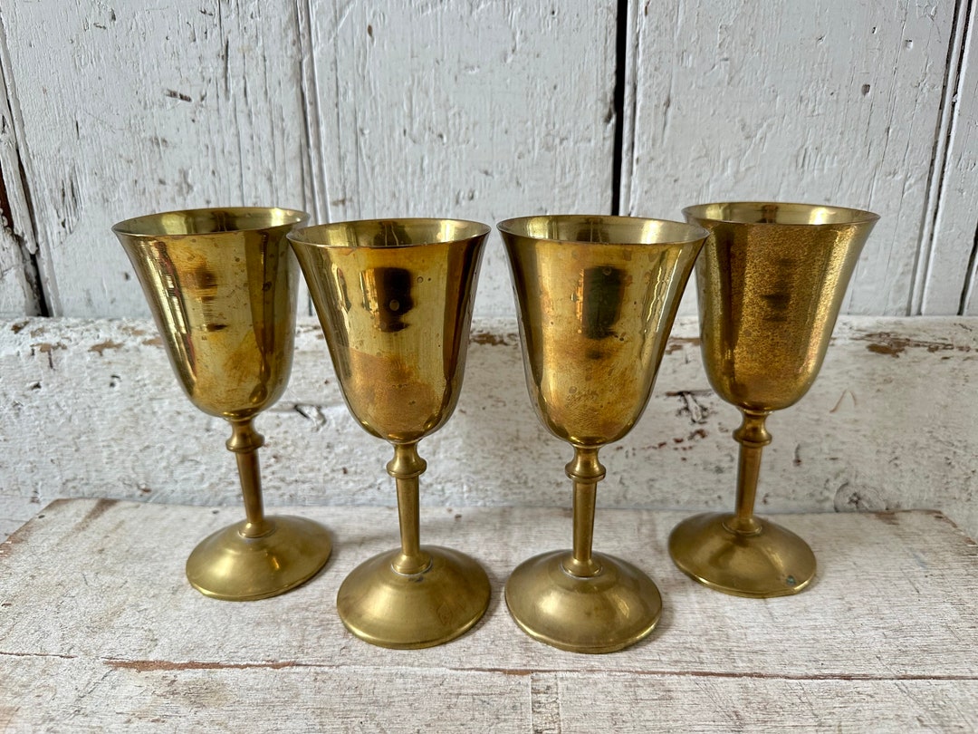 Brass Wine Goblets Four Wine Glasses Vintage Barware Etsy