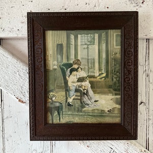 Antique Wood Frame Lithograph Mother Reading to Children wall hanging vintage