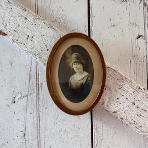 Small Antique Frame Oval Gold Metal Wall frame with sepia photo of lady