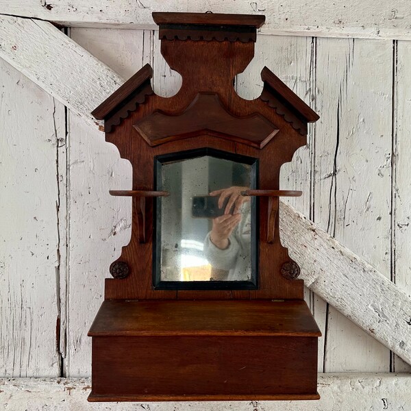 Antique mirror Shaving Wall Stand with Drawer Eastlake Style Mirror