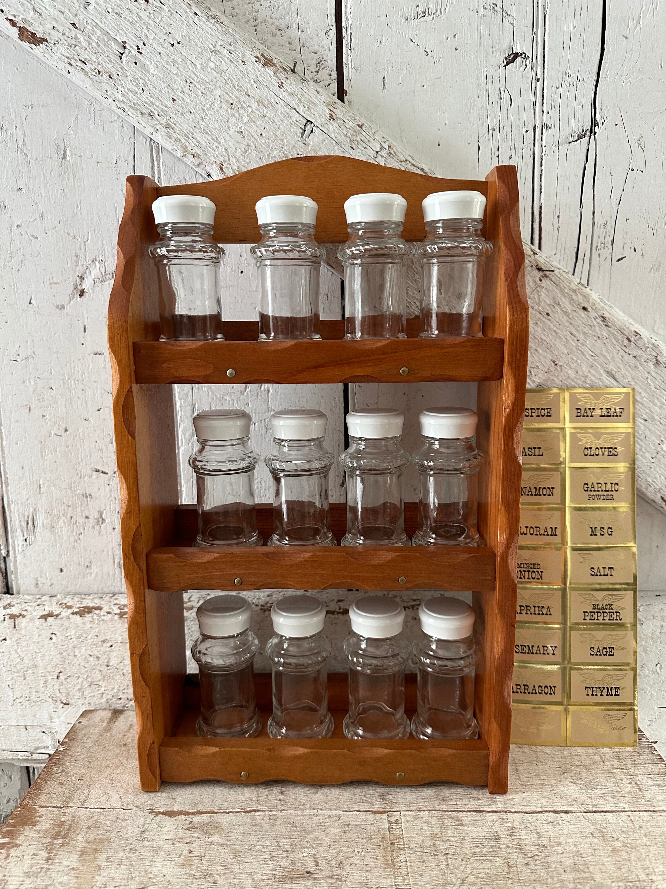 70s Wooden Spice Rack Cabinet 12 Glass Bottles