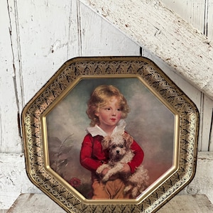 large tin box octagon shape double sided boy girl Victorian with vintage sewing supplies image 1