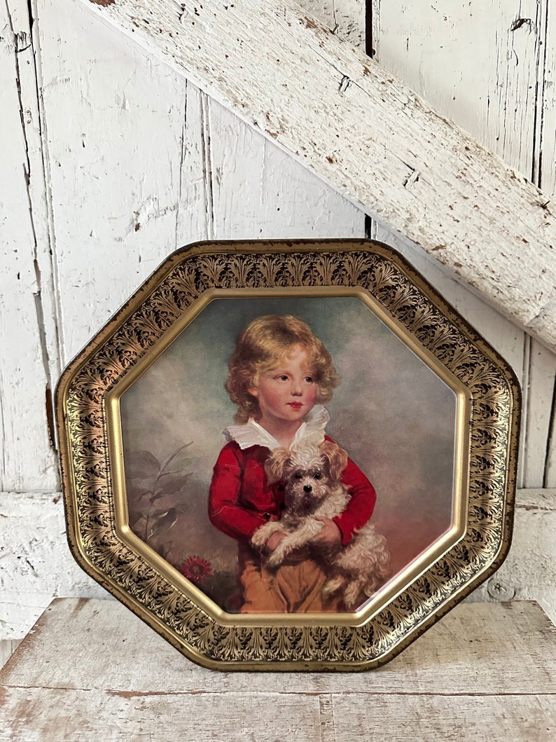 large tin box octagon shape double sided boy girl Victorian with vintage sewing supplies image 1