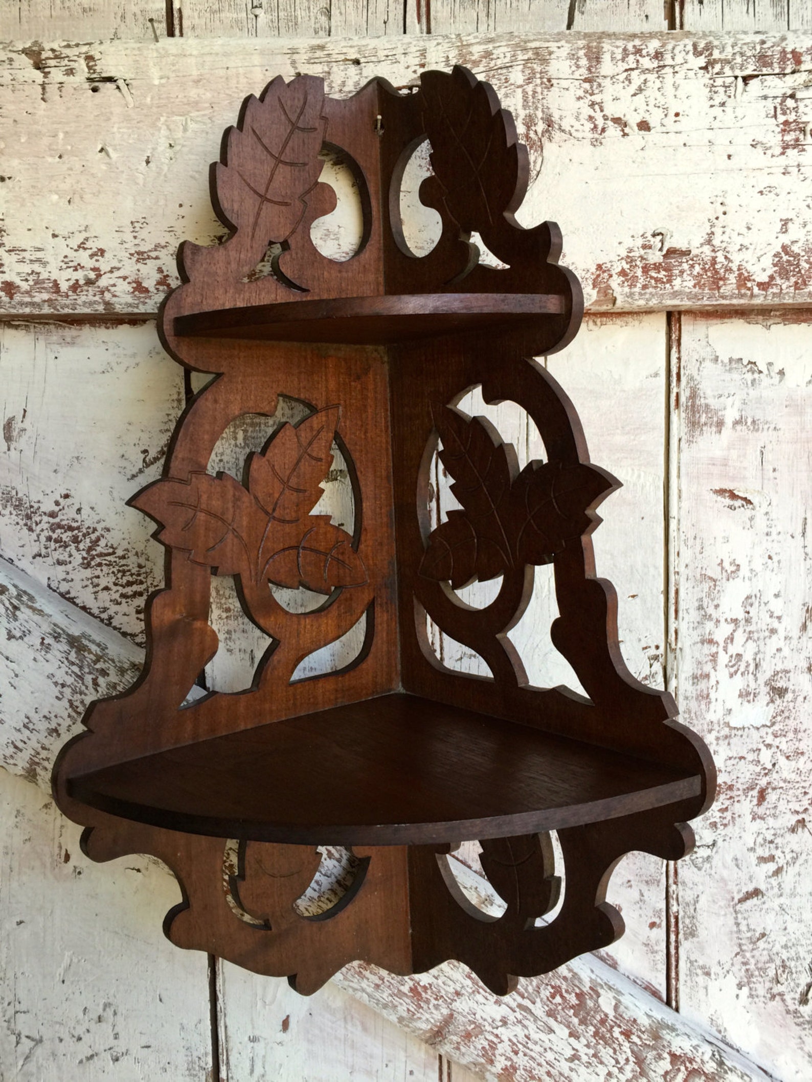 Vintage wood corner shelf ornate knick knack two tier wooden Etsy