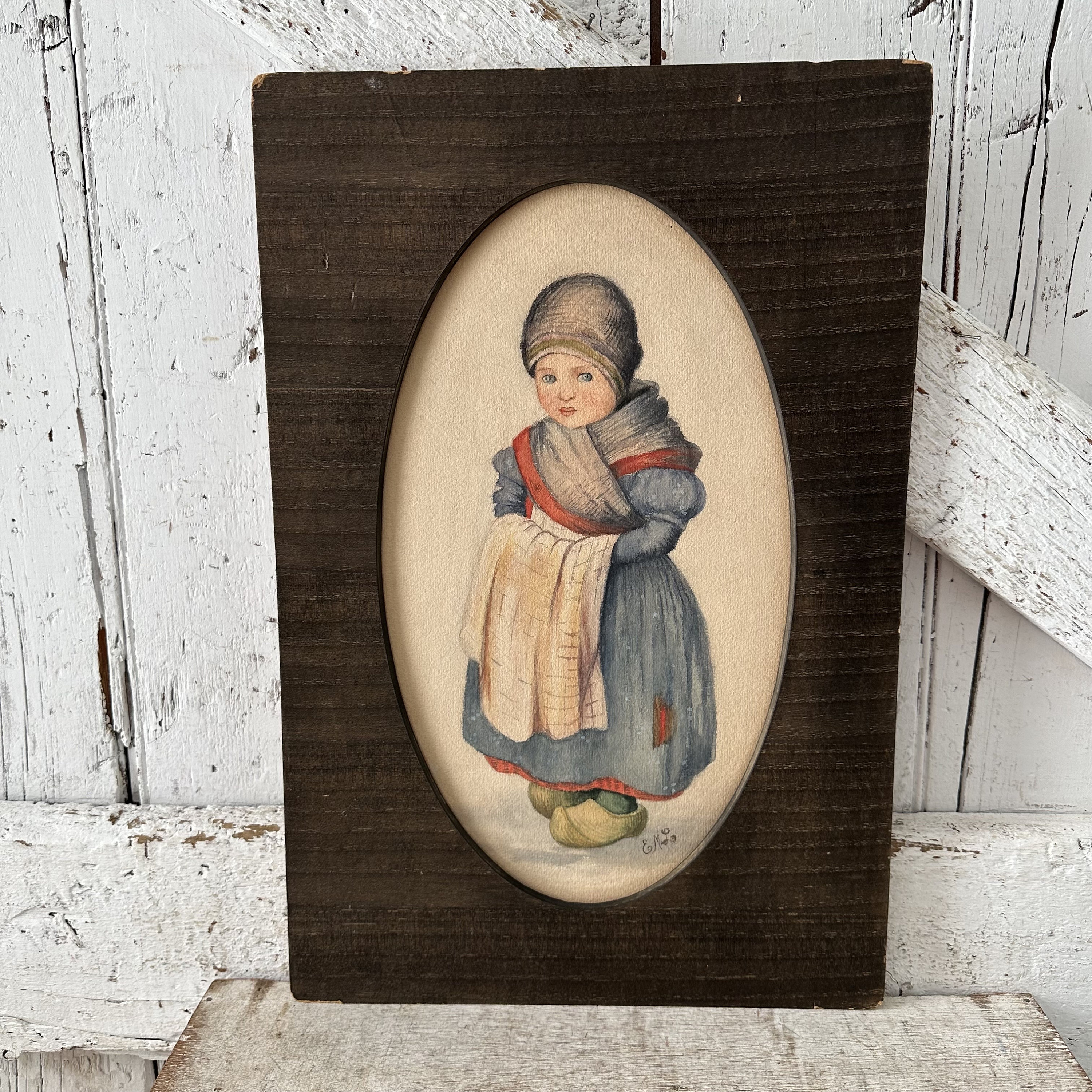 Dutch Girl Painting Original Water Color Vintage Signed Painting