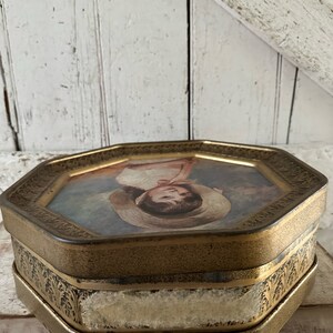 large tin box octagon shape double sided boy girl Victorian with vintage sewing supplies image 10