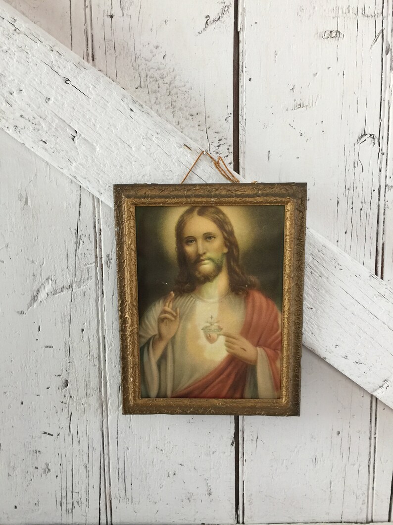 Sacred Heart Framed Christ In Small Vintage Gold Frame Image 0